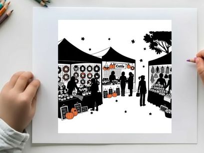 Silhouette of people at a vibrant outdoor market with tents and goods