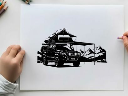 Silhouette of a car with a roof tent and awning in a mountainous landscape