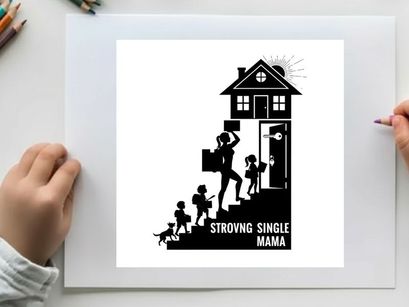 Silhouette of a strong single mama with children and dog outside home