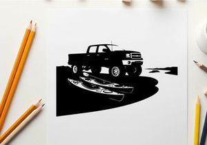 Silhouette of a pickup truck with a canoe on a trailer