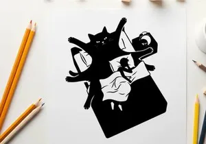 Silhouette of a cat jumping on a bed