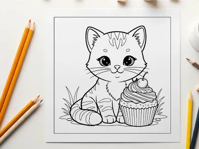 Cute kitten with cupcake vector illustration flat design