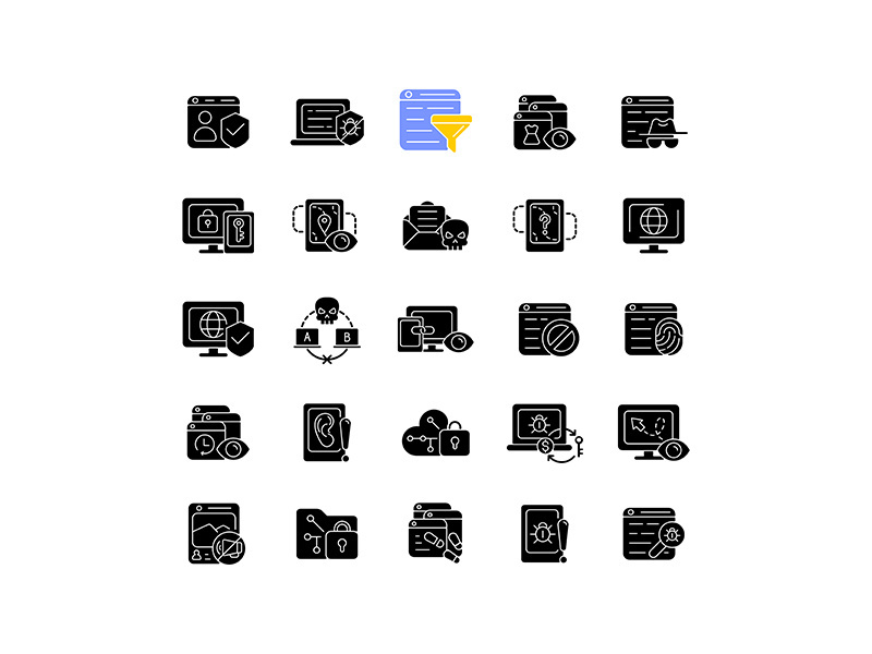Online surveillance and censorship black glyph icons set on white space