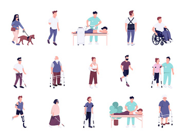 Injured people with disability activities flat color vector faceless characters set preview picture