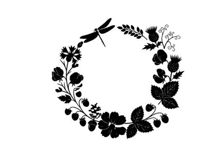 Silhouette floral wreath with dragonfly and leaves silhouette