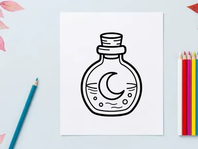 Magic potion bottle with moon icon. Witchcraft elixir flask for Halloween design.