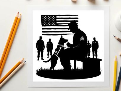 Silhouette of a soldier with service dog and american flag