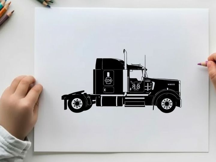 Silhouette of a large black semi truck on a white background