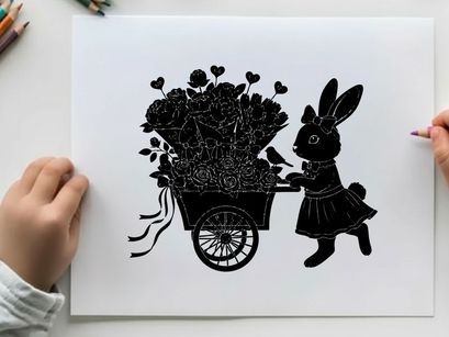 Silhouette of a rabbit pushing a flower cart with bouquet