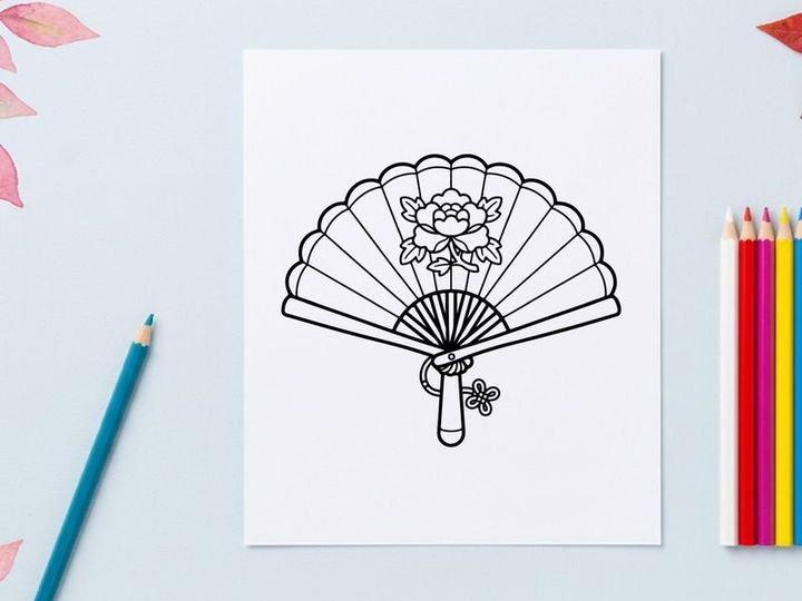 Leque de papel desenhado à mão com design de caveira floral. Acessório decorativo vintage dobrável para comemorações sazonais assustadoras.