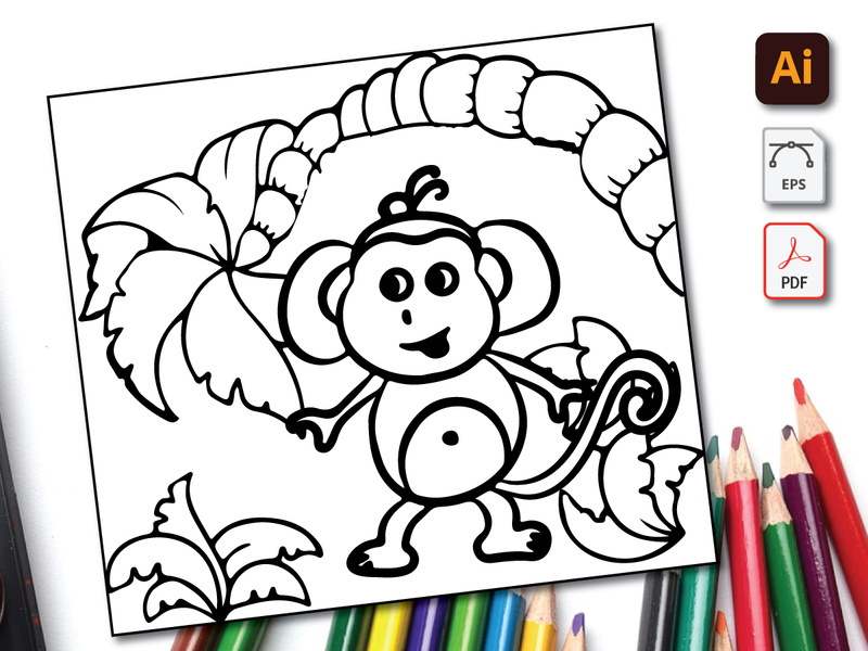 Monkey Coloring Book Line Art Design