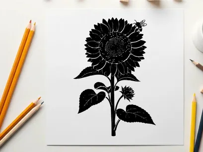 Silhouette of a large sunflower with leaves and buds