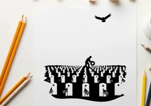 Silhouette of a person in a graveyard with a bird flying overhead silhouette