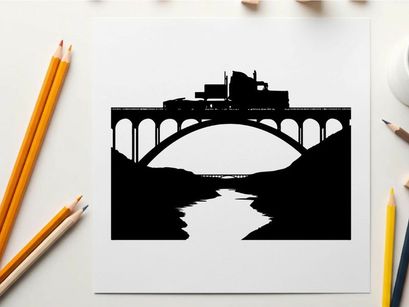 Truck crossing bridge silhouette against white background