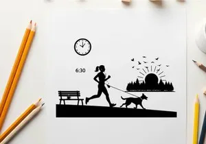Silhouette of woman jogging with dog at sunrise