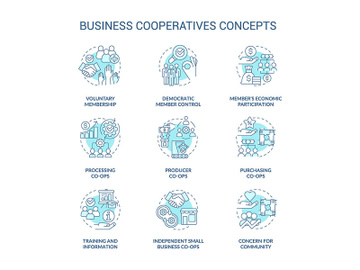 Business cooperatives turquoise concept icons set preview picture