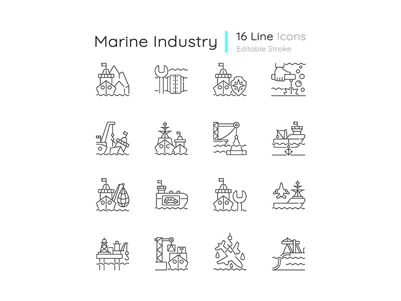 Marine industry linear icons set