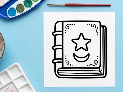Buku terbuka bergambar Halloween dengan bintang tersenyum. Sketsa vintage horor buku sihir ajaib dengan simbol bercahaya ceria.