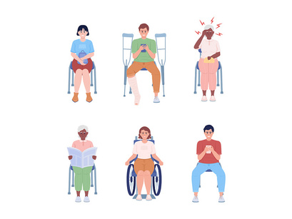 Sitting people semi flat color vector characters set