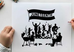 Juneteenth celebration silhouette with flag and family fun