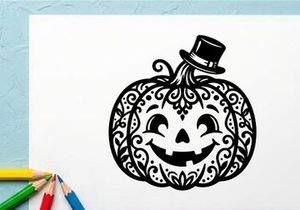 Decorative Halloween Pumpkin with a Smiling Face and Top Hat