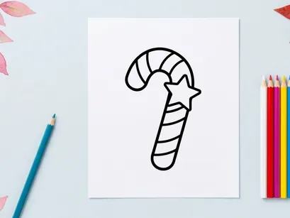 Hand-drawn candy cane with star for festive Christmas holiday celebration decoration