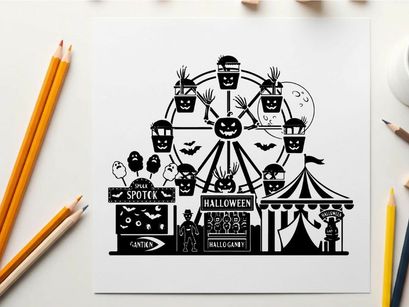 Halloween carnival silhouette with spooky ferris wheel and tents