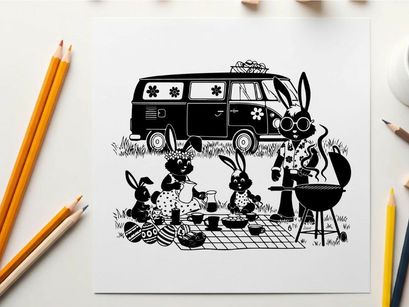 Bunnies on a camping trip with silhouette of a van and grill