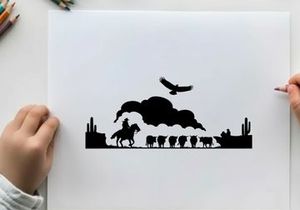 Western cowboy riding horse with sheep and eagle silhouette