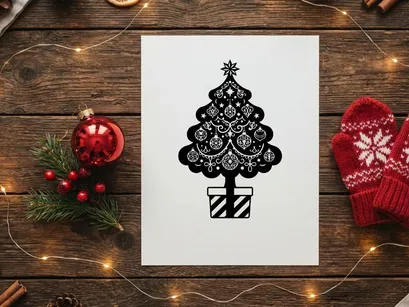 Stilisierter Weihnachtsbaum mit Kugeln und Geschenkbox für weihnachtliche Deko
