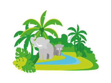 Elephants in jungle 2D vector isolated illustration preview picture