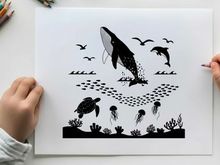 Underwater scene with silhouette of marine life