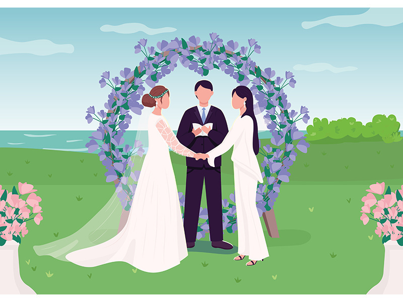 Wedding ceremony for lesbian couple flat color vector illustration