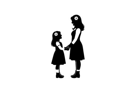 Silhouette of a woman and little girl holding hands in black dresses