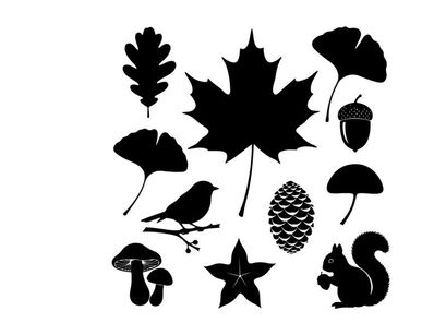 Silhouette of various forest elements and animals in black