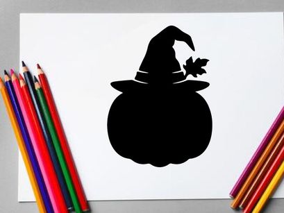 Silhouette de un sombrero de bruja con una escoba y una calabaza