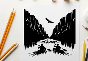Kayakers in a canyon with a bird flying overhead silhouette
