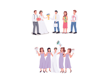 Bride and groom with guests flat color vector faceless character set preview picture
