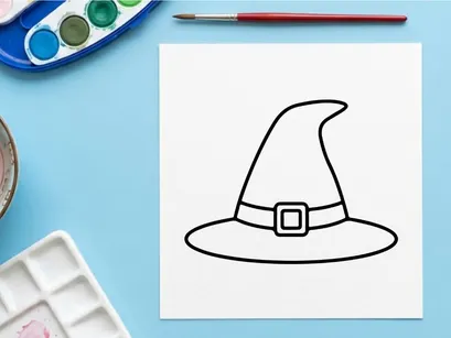 Ícone minimalista de chapéu de bruxa para design de Halloween. Ilustração vetorial em linha preta simples de um acessório de feiticeira.