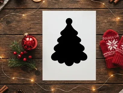 Minimalist black Christmas tree silhouette isolated on a white background.
