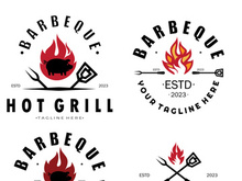 Smoke and BBQ Barbecue Vintage hot grill, with crossed flames and spatula. Logo for restaurant, badge, cafe and bar.vector