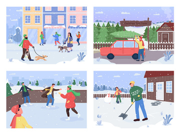Winter outside activity flat color vector illustration set preview picture