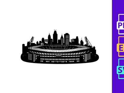 Black and white illustration of a city skyline with a large stadium