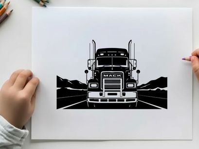 Mack truck silhouette on open road with mountains