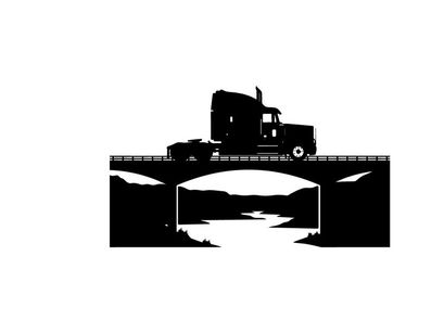 Truck silhouette crossing a bridge over a river at sunset