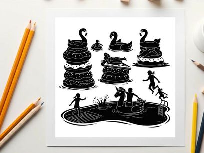 Silhouette illustration of swans and children playing on a pond