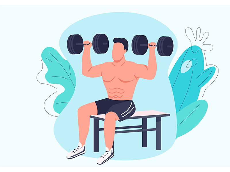 Man working out with dumbbells flat color vector faceless character