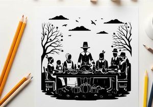 Thanksgiving dinner silhouette with family and pilgrims gathered