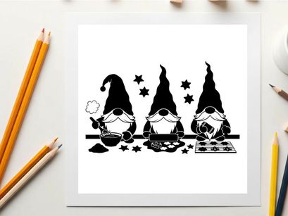 Three gnomes baking with stars and silhouette decorations