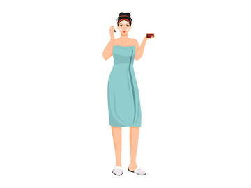 Woman in bathrobe applying face cream flat color vector faceless character preview picture